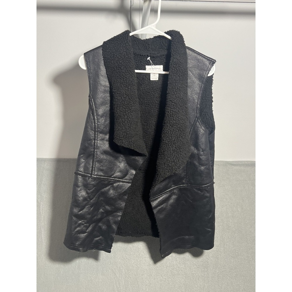 Liz Claiborne Women's Black Faux‎ Leather Sherpa Lined Open Vest Size L New